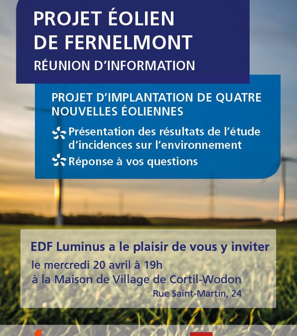 Projet éolien de Fernelmont, réunion d’information le mercredi 20 avril 2016